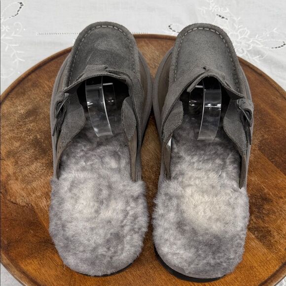LL Bean Shoes Mens 13 M Gray Leather Lamb Fur Wicked Good Slipper Scuffs main image 6